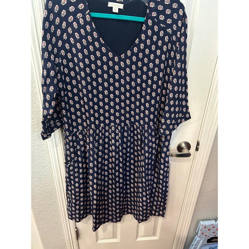 Garnet Hill Dress Navy Blue Floral Block Print V-Neck Empire Waist Pocket Shift